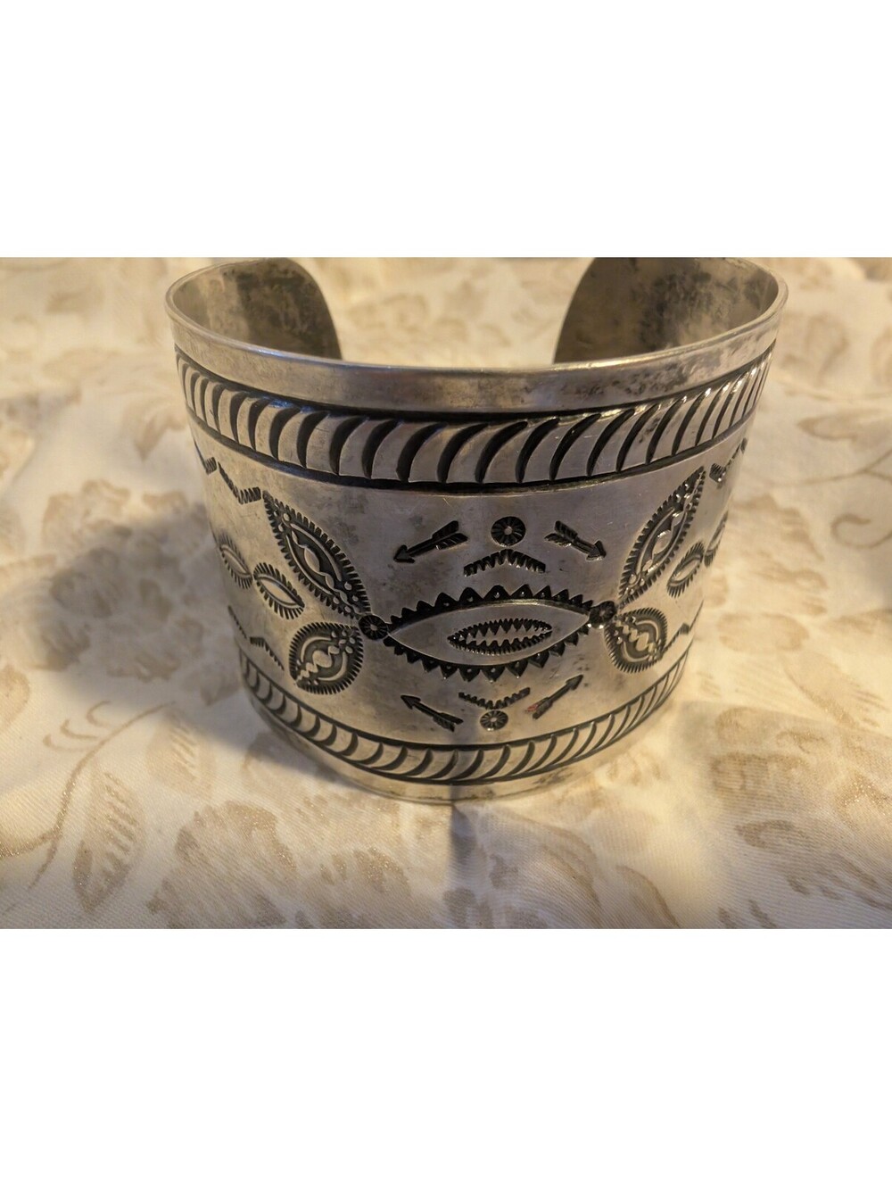Vintage Wide Sterling Silver Cuff Bracelet with Engraved Native Style Design
